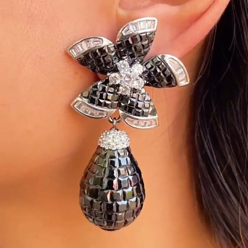 Flower Drop Earring with Diamond Baguette on the Side