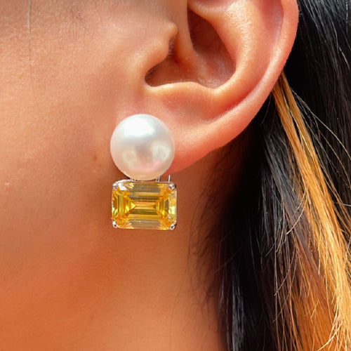 Big Pearl and Semiprecious Earring Studs