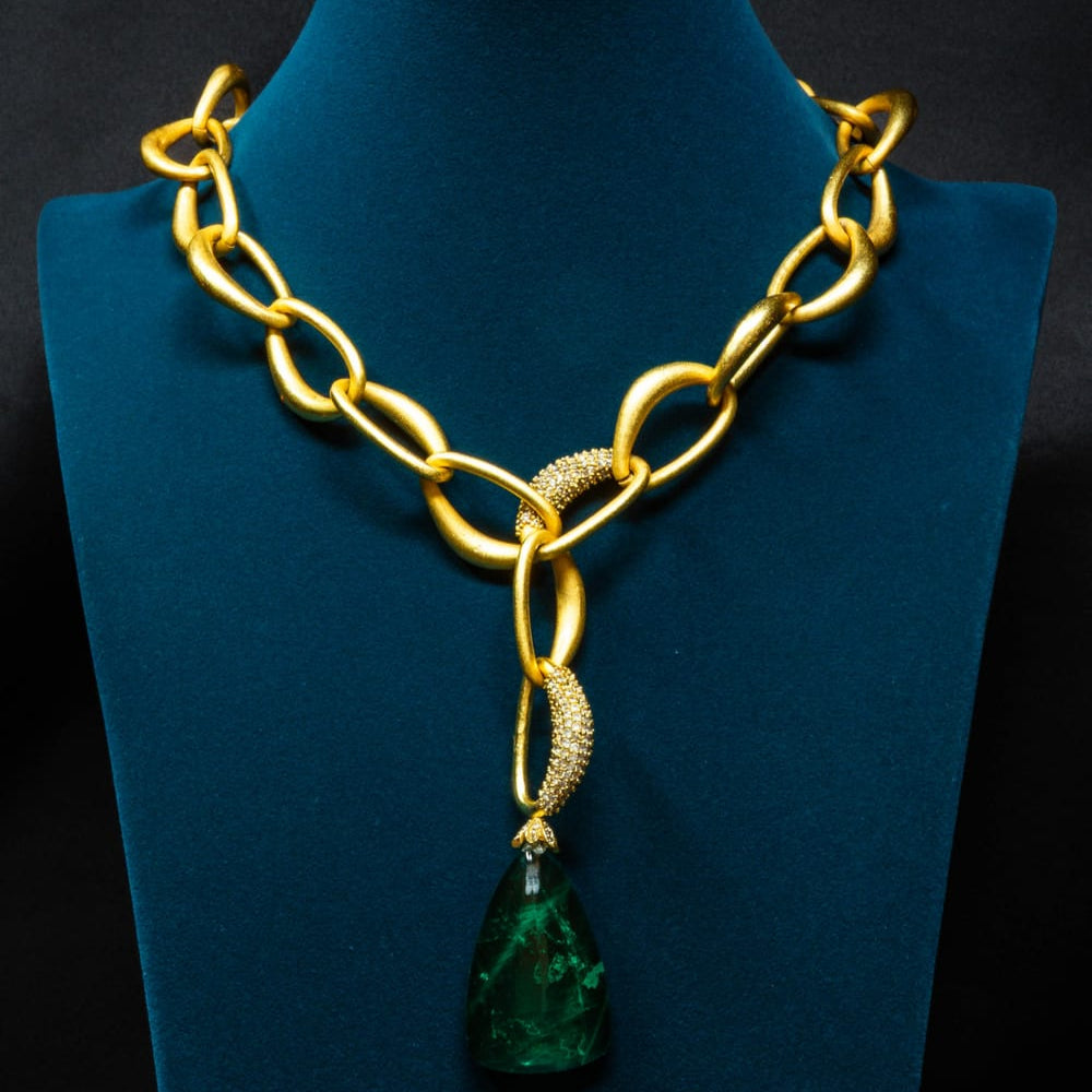 Gold Chain with Emerald Pendant Set