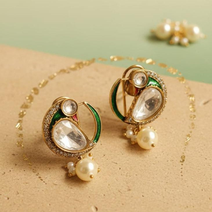 Moissanite Polki Pearl Drop Earrings