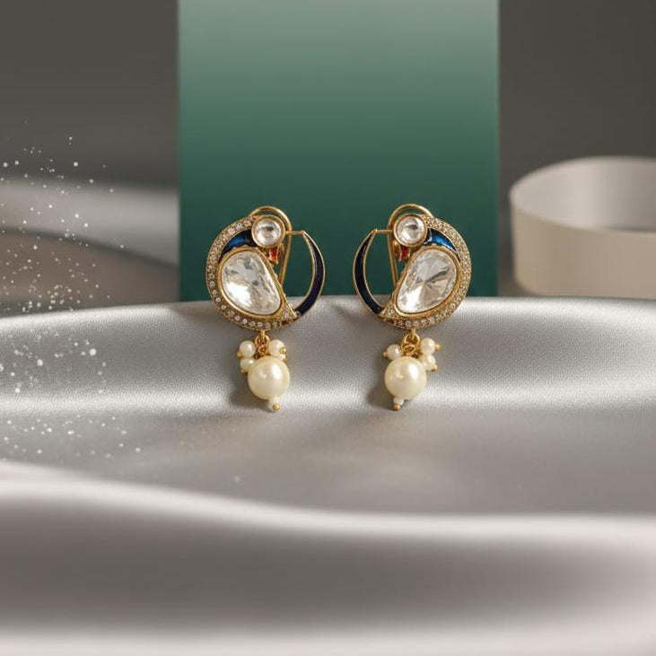 Moissanite Polki Pearl Drop Earrings