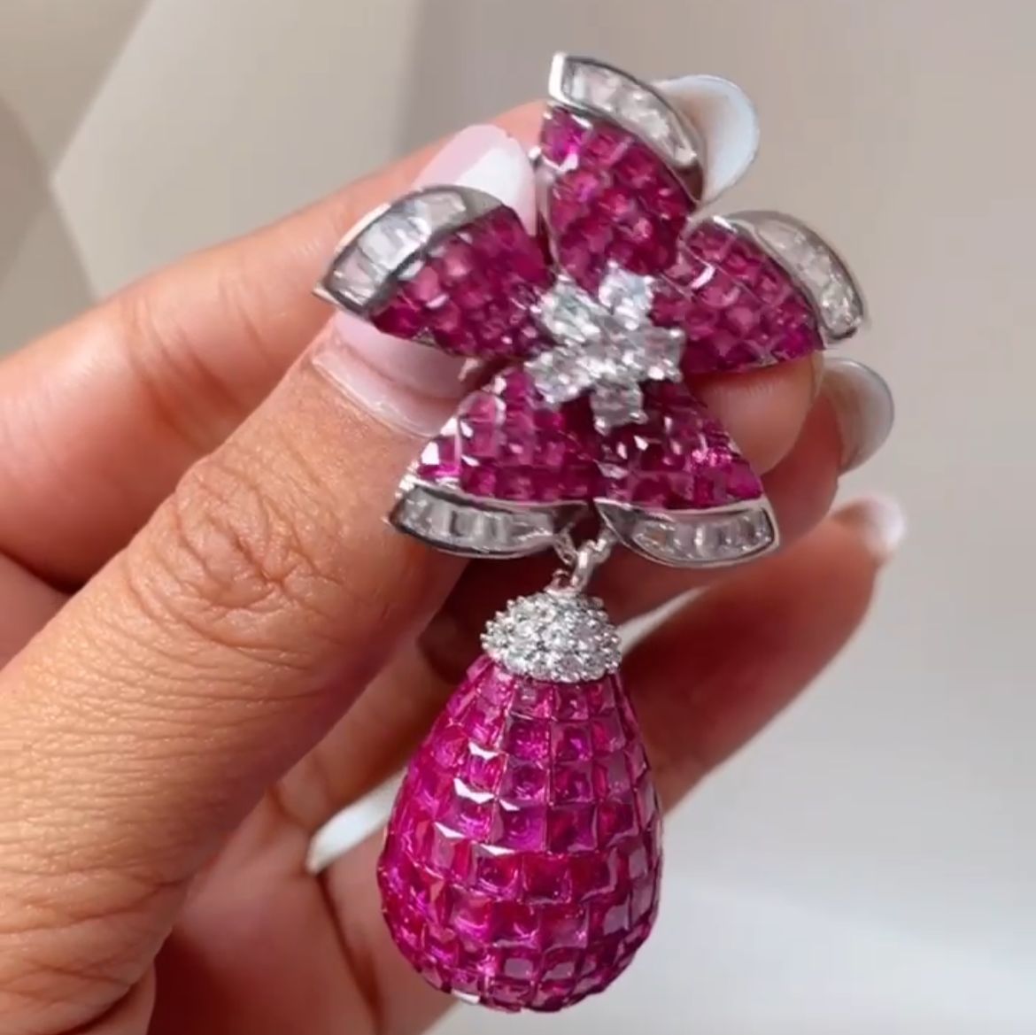 Flower Drop Earring with Diamond Baguette on the Side