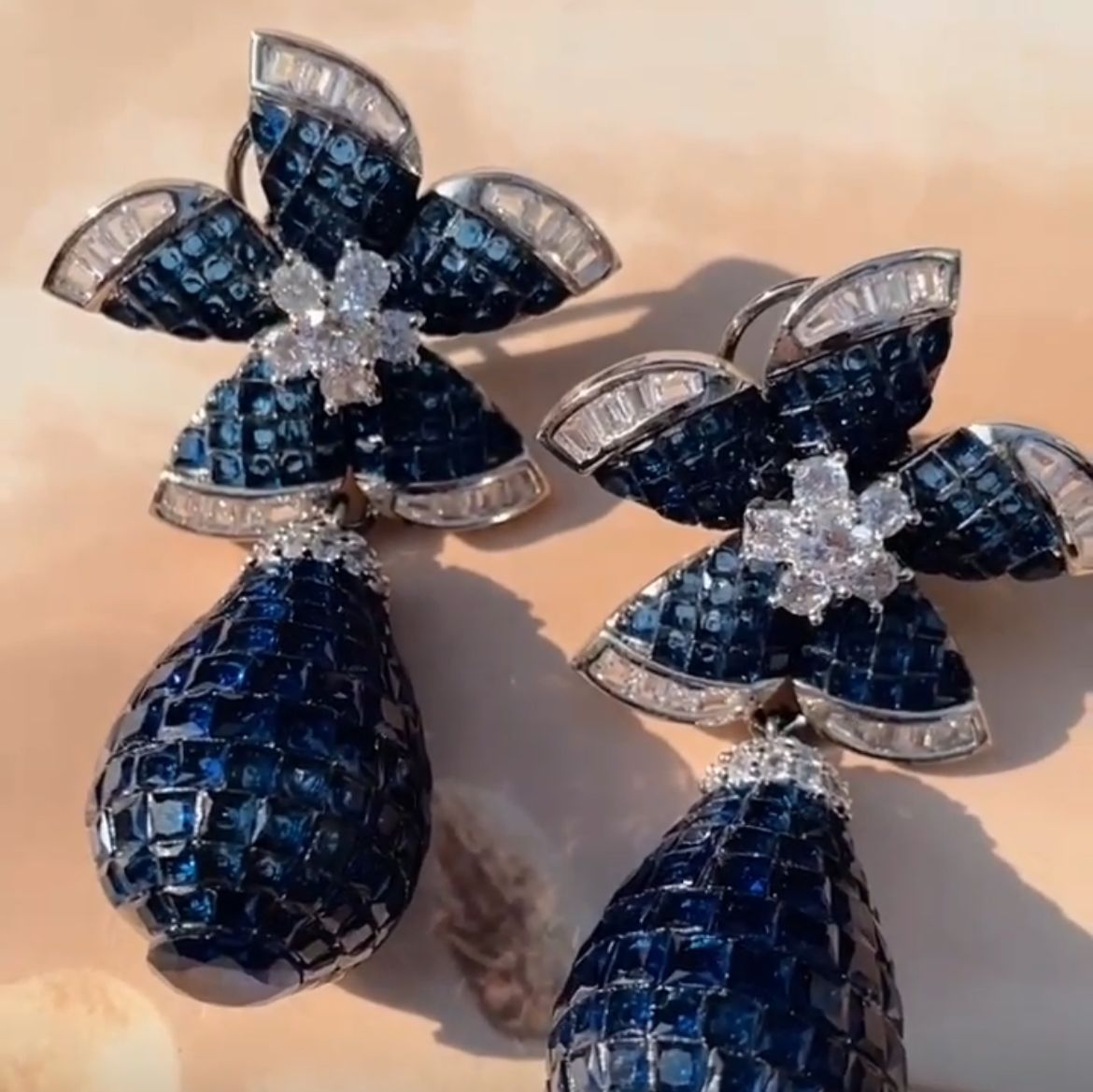 Flower Drop Earring with Diamond Baguette on the Side