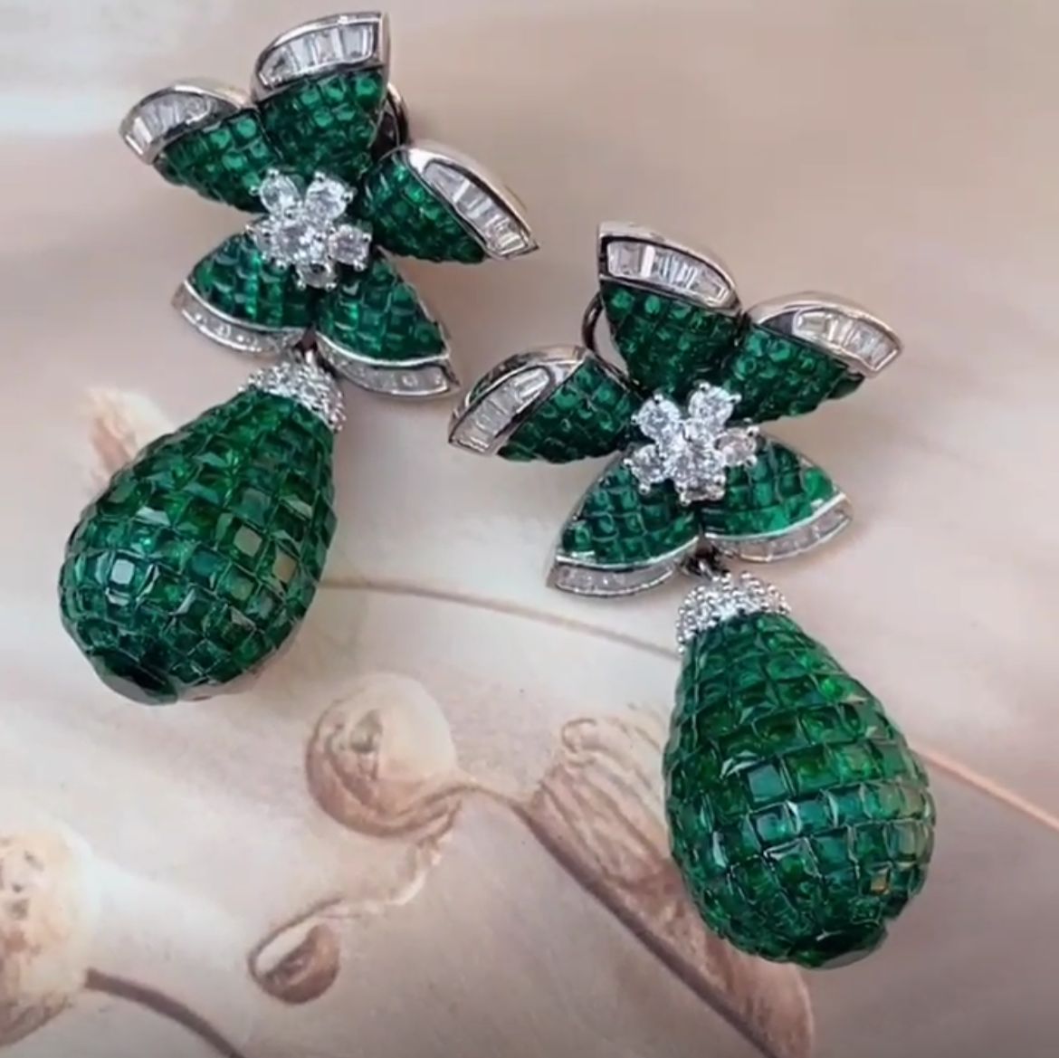 Flower Drop Earring with Diamond Baguette on the Side