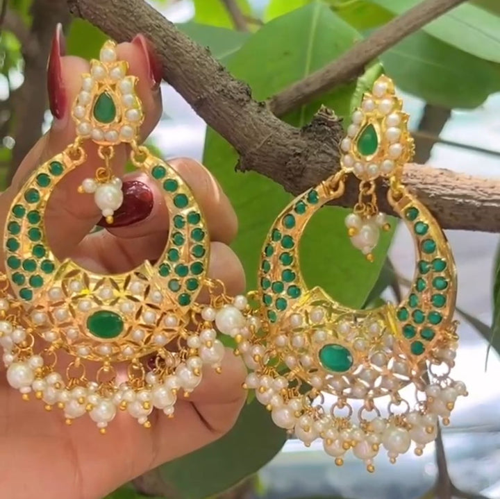Jadau Emerald Pearl Chandbali Earrings
