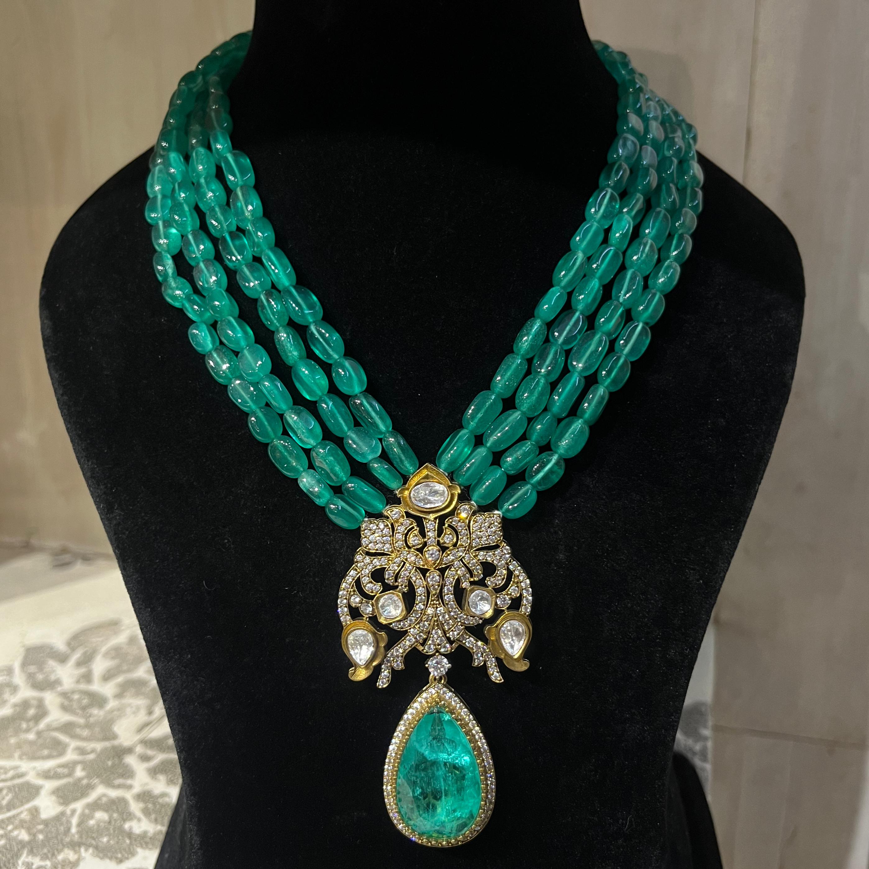 Emerald Bead Necklace with Polki Pendant.