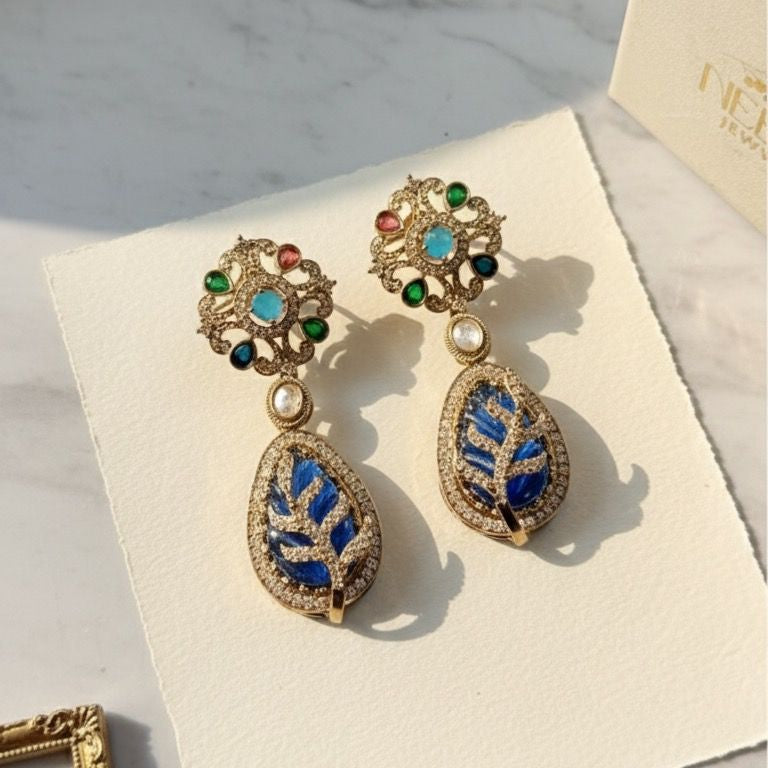 Ornate Multi-Gemstone Teardrop Dangle Earring