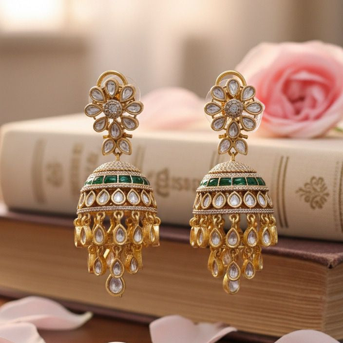 Emerald & Polki Floral Jhumkas