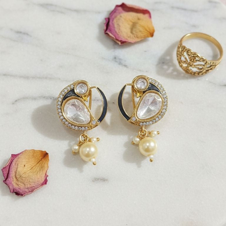 Moissanite Polki Pearl Drop Earrings