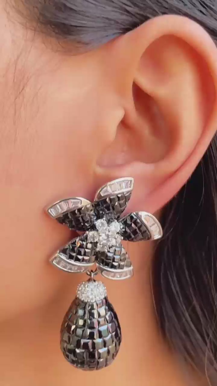 Flower Drop Earring with Diamond Baguette on the Side