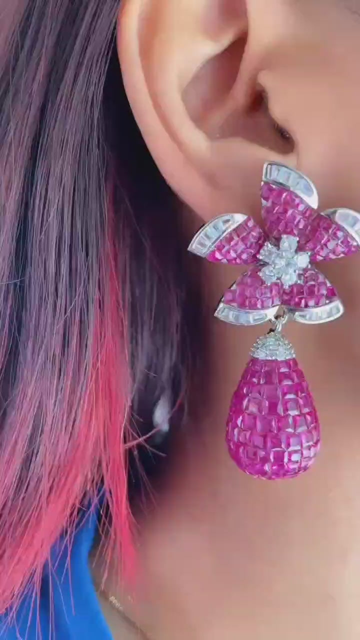 Flower Drop Earring with Diamond Baguette on the Side