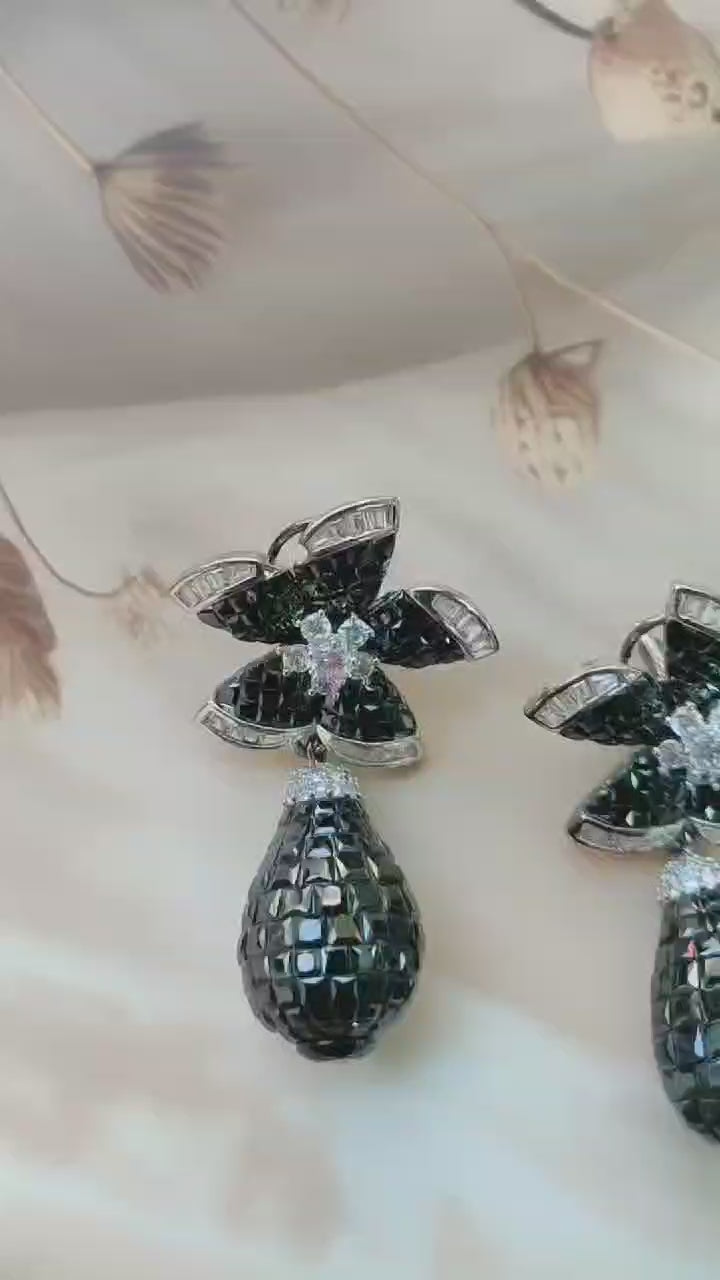 Flower Drop Earring with Diamond Baguette on the Side