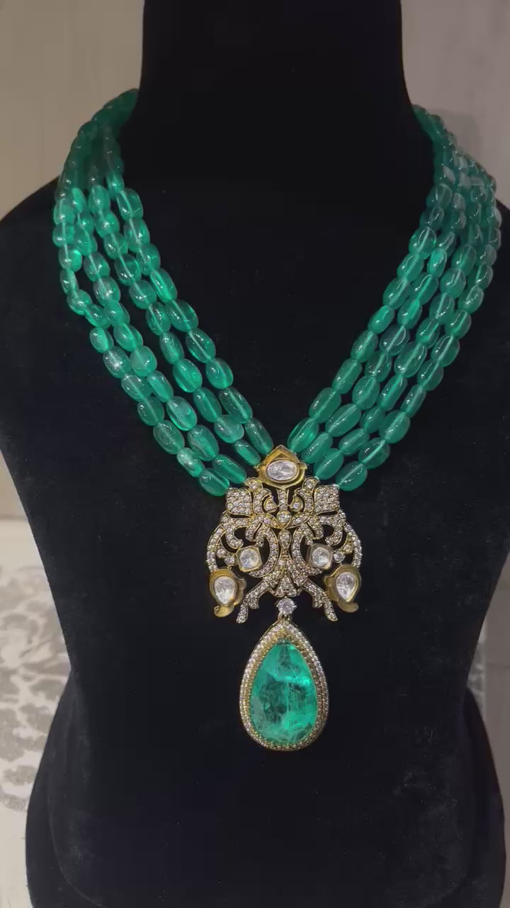 Emerald Bead Necklace with Polki Pendant.