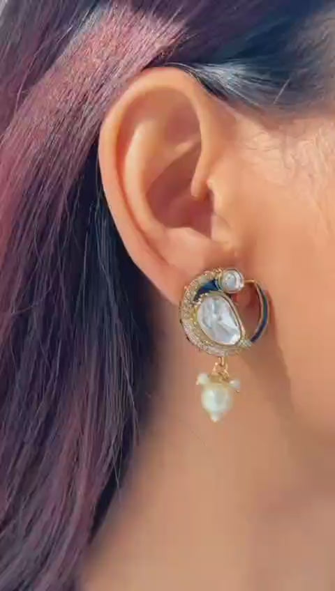 Moissanite Polki Pearl Drop Earrings